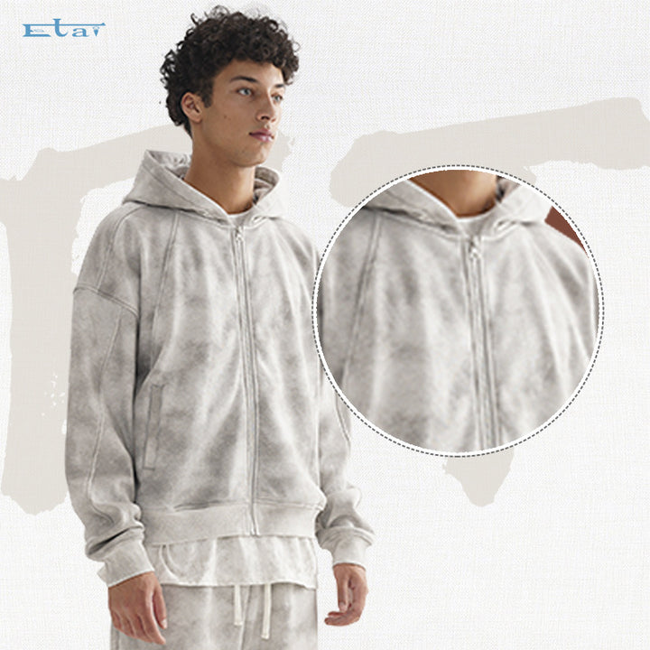 Unisex Kurz geschnittene Reißverschluss-Kapuzenjacke aus French-Terry mit Cloud-Dye-Effekt und Raglannähten Echo Archiv