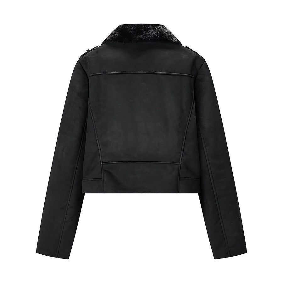 Damen Kurze Bikerjacke mit Kunstfellkragen und Wildlederoptik Echo Archiv