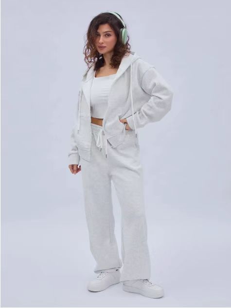 Damen zweiteiliges Cozy-Loungewear-Set mit Reißverschlusskapuze, taillenhoher Weitbein-Jogger und verdeckten Eingrifftaschen – Auréline