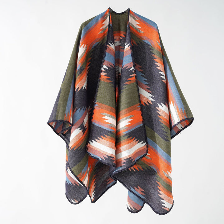 Damen Gewebter Azteken‑Poncho im Oversize‑Überwurf mit Zierkettelnaht Echo Archiv
