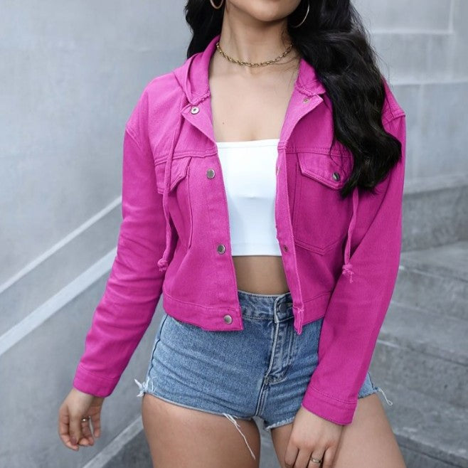 Damen Cropped Denim-Jacke mit Kapuze, Druckknopf-Front und taillenbetonter Passform Echo Archiv