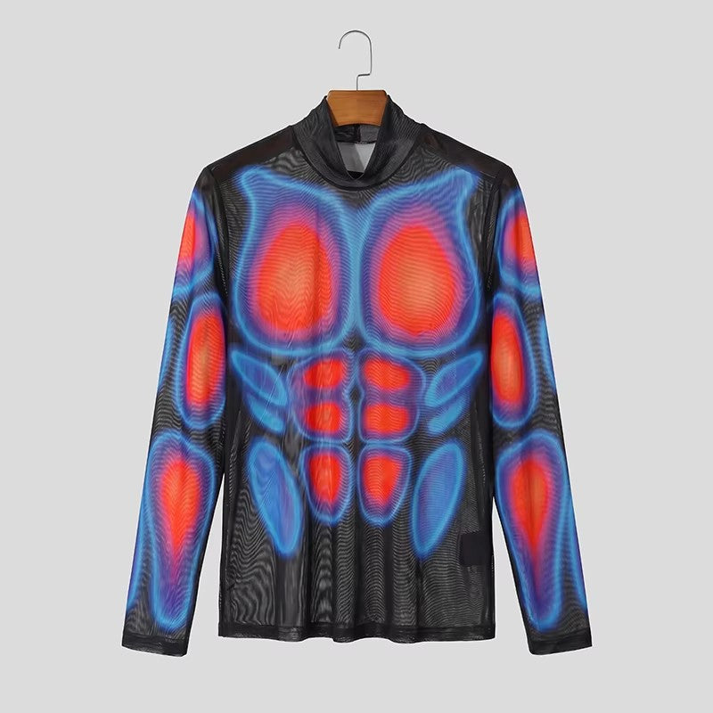 Herren Transparentes Mesh-Langarmshirt mit 3D-Muskeldruck Echoarchiv