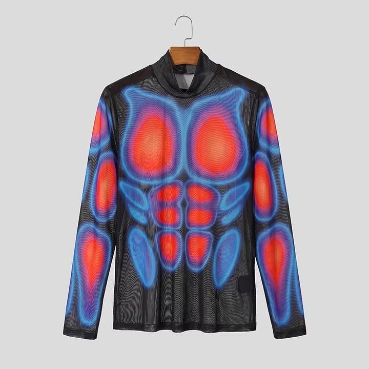 Herren Transparentes Mesh-Langarmshirt mit 3D-Muskeldruck Echoarchiv
