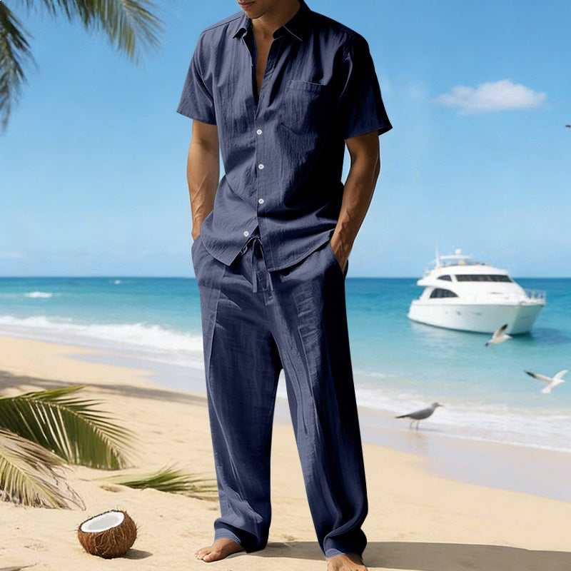Herren nan resort-taugliches Kurzarm-Hemd mit Brusttasche und lässiger Leinen-Kordelhose Echo Archiv