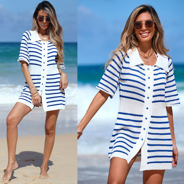 Damen modischer Strandkleid mit gestreiftem Design und kragen Echo Archiv