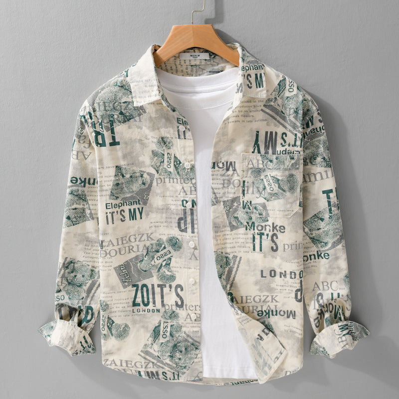Herren Overshirt aus Baumwoll‑Leinen mit typografischem Zeitungsprint und Relaxed‑Fit Echoarchiv