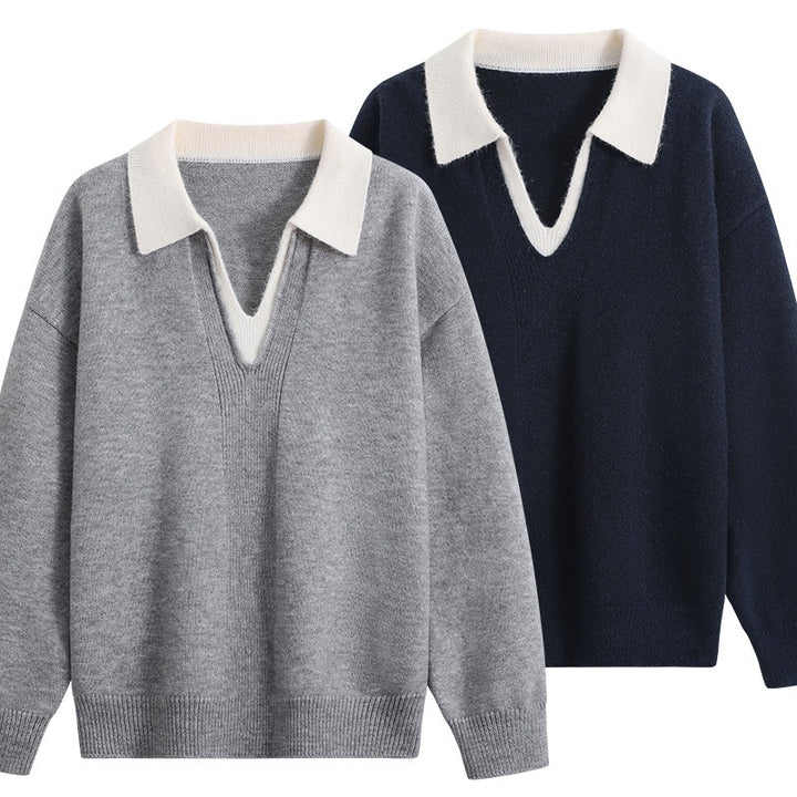 Damen Oversize-Polo-Strickpullover aus weichem Wollmix mit kontrastkragen und tiefem V-Ausschnitt Echoarchiv