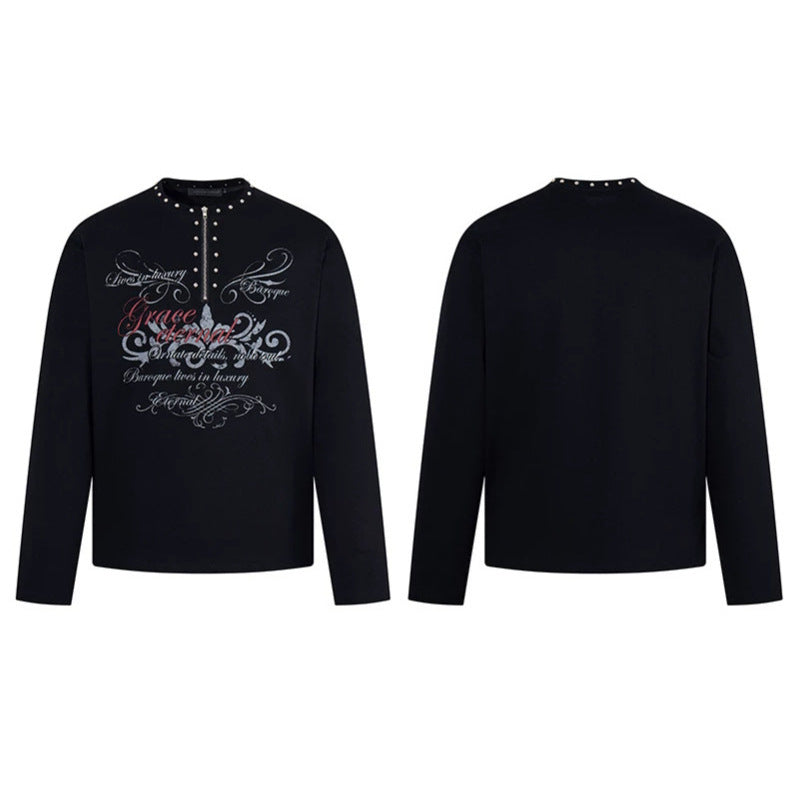 Damen Langarmshirt mit Halb-Reißverschluss, Nietenkragen und Barock-Schriftprint Echoarchiv