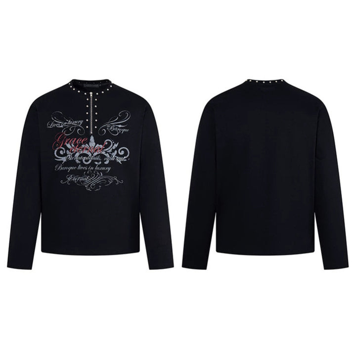 Damen Langarmshirt mit Halb-Reißverschluss, Nietenkragen und Barock-Schriftprint Echoarchiv