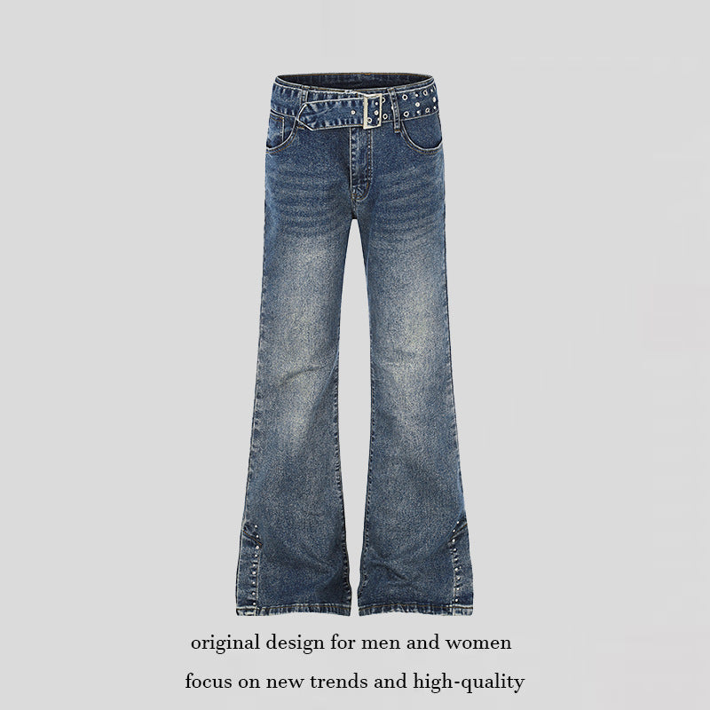 Damen High-Waist Flared-Denimjeans mit Nietenbesatz, weitem Schlag und Ziergürtel Echoarchiv