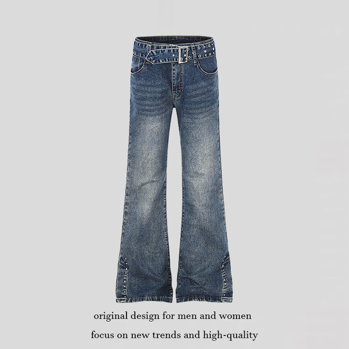 Damen High-Waist Flared-Denimjeans mit Nietenbesatz, weitem Schlag und Ziergürtel Echoarchiv