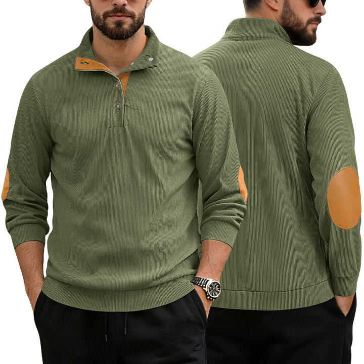 Herren nan lässiger Strukturpullover mit Polokragen, kurzer Knopfleiste und veganen Lederbesätzen Echo Archiv