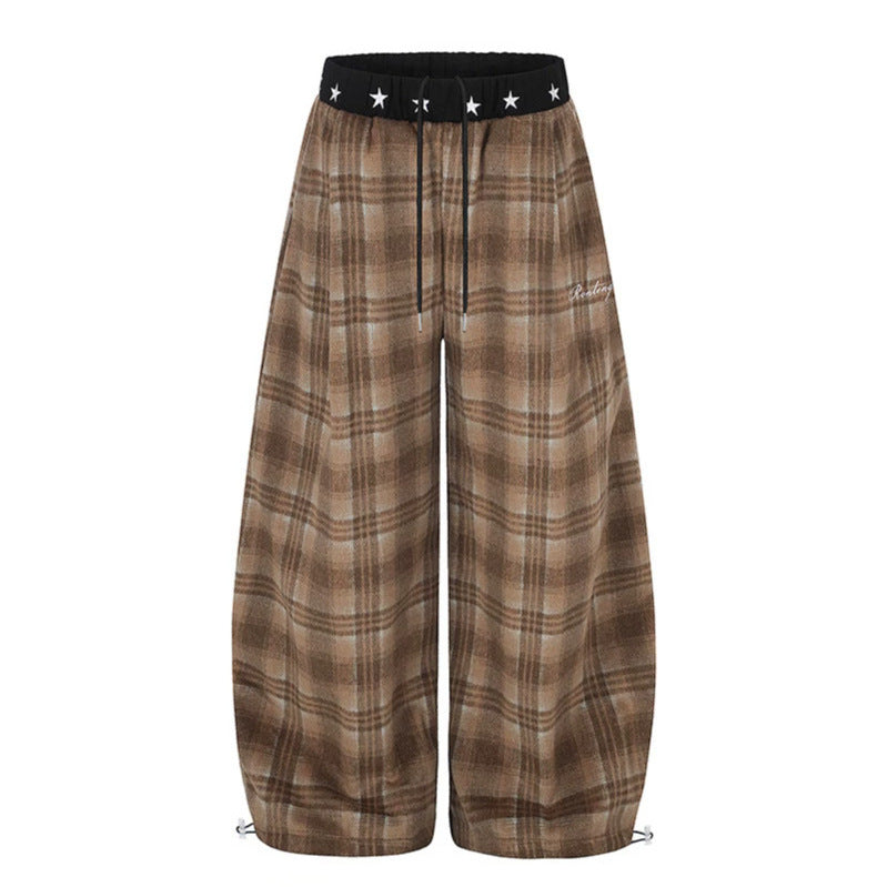 Damen Extraweite Karierte Palazzo-Loungehose aus weichem Fleece mit sternbesetztem Komfortbund, Tunnelzug und verstellbarem Saum Echoarchiv
