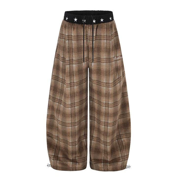 Damen Extraweite Karierte Palazzo-Loungehose aus weichem Fleece mit sternbesetztem Komfortbund, Tunnelzug und verstellbarem Saum Echoarchiv