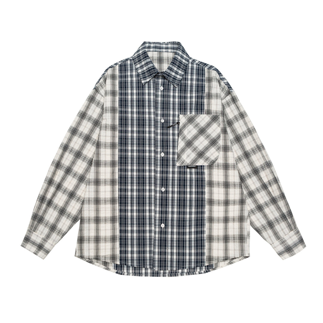 Unisex Oversized Hemdjacke mit Patchwork-Karomuster und abgerundetem Saum Echoarchiv