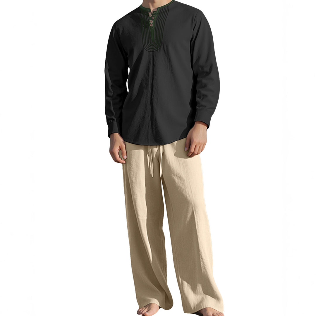 Herren nan Tunika- und Palazzohose-Set mit Henley-Blende, Zierstickerei und weitem Schnitt Echo Archiv