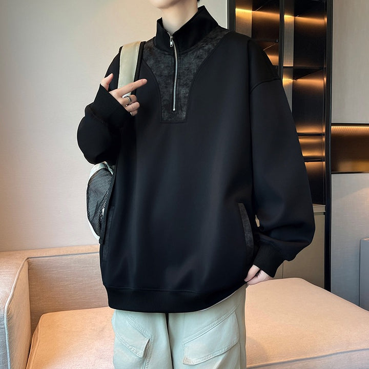 Herren Oversize Stehkragen-Halbzip-Sweatshirt mit Kängurutasche & Kontrast-Innenblende Echoarchiv