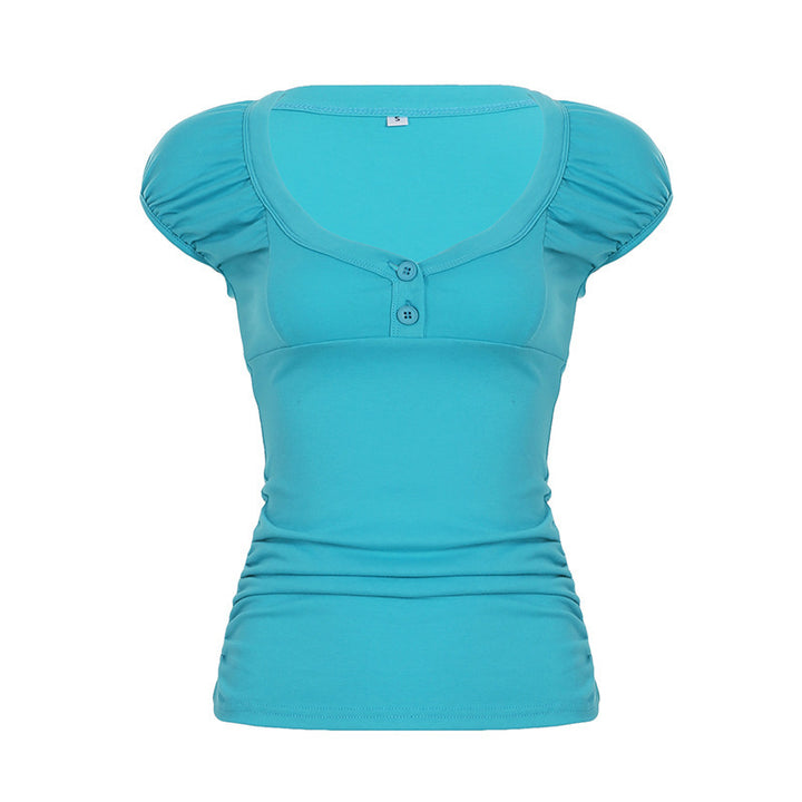 Damen figurbetontes Kurzarmshirt mit Puffärmeln und geschlossenen Knöpfen Echo Archiv