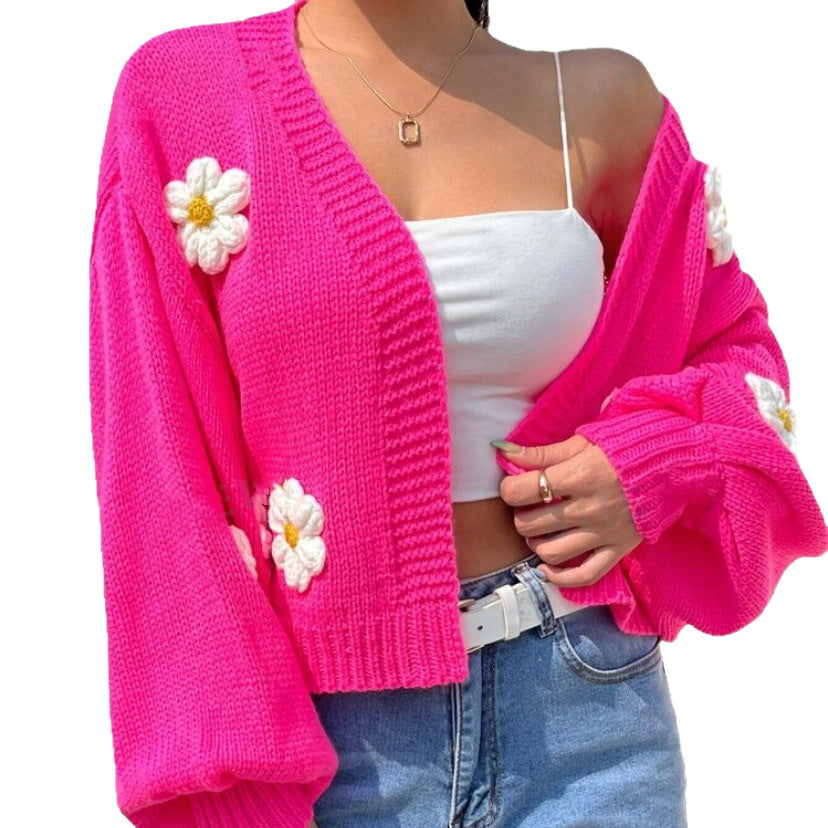 Damen Cropped-Cardigan aus Baumwollmix mit 3D-Blütenapplikationen – Veloura