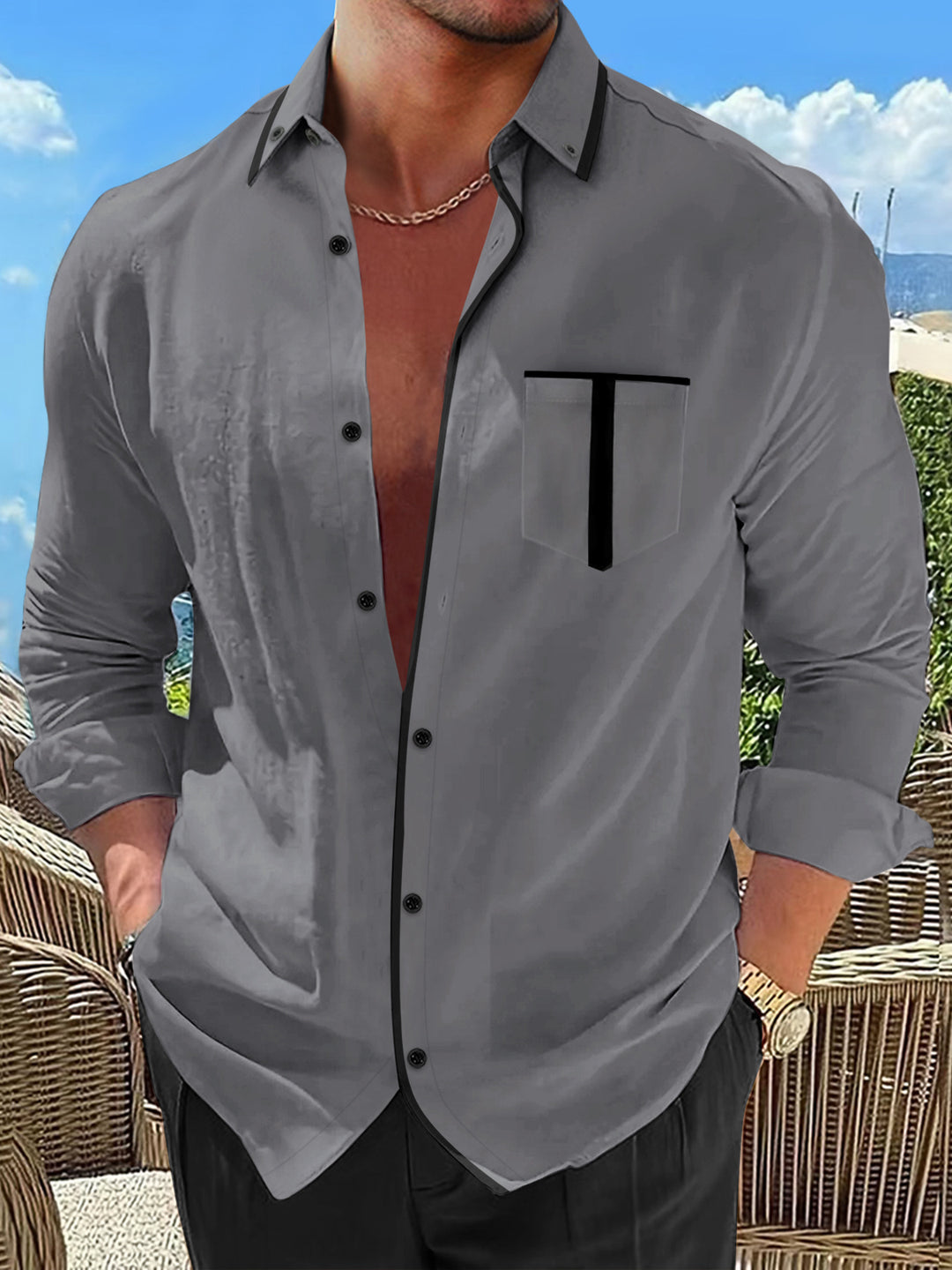 Herren Langarmhemd mit kontrastierenden Details Echoarchiv