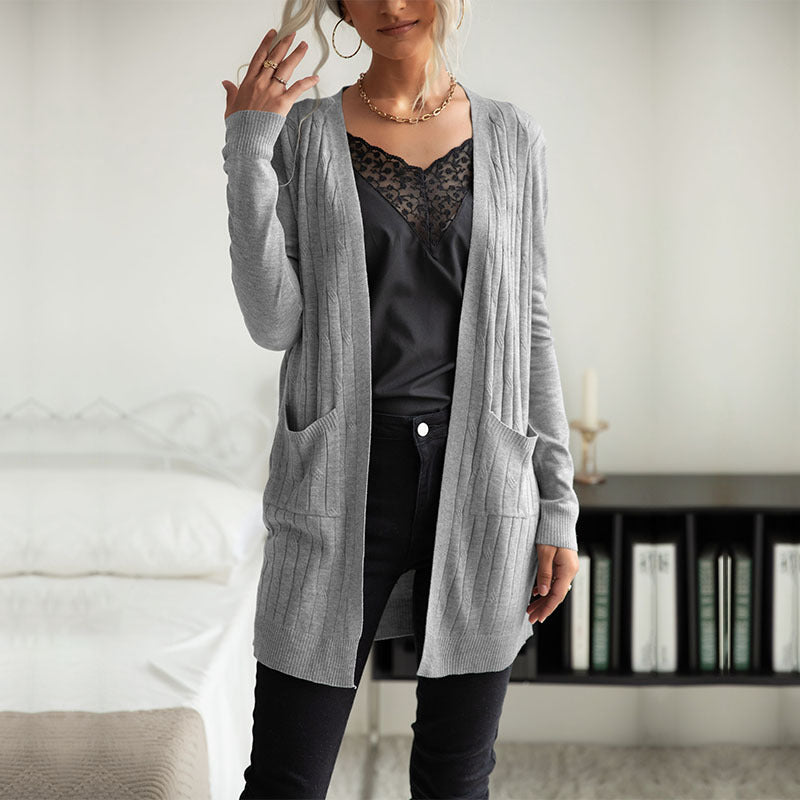 Damen Langer Feinstrick-Cardigan mit Rippenstruktur und Eingrifftaschen Echoarchiv
