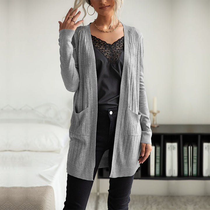 Damen Langer Feinstrick-Cardigan mit Rippenstruktur und Eingrifftaschen Echoarchiv