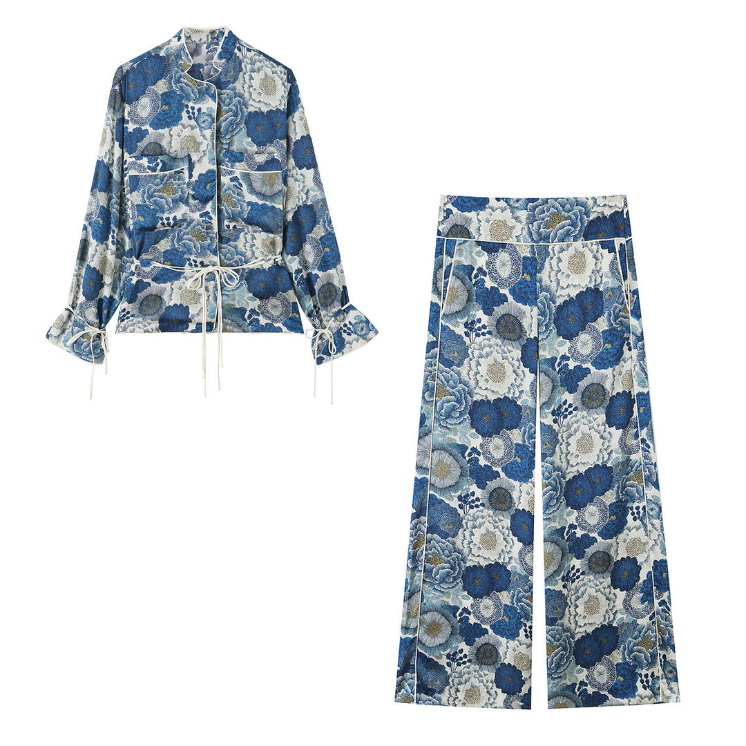 Damen Hochtaillierte weite Palazzohose mit floralem Jacquard-Print und Zierpaspeln Echo Archiv