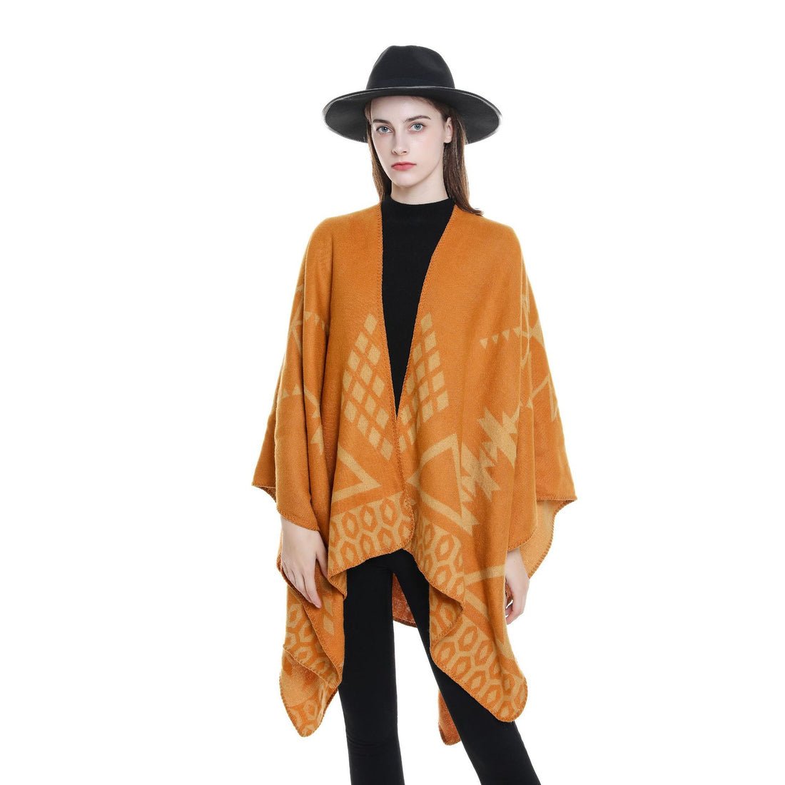 Damen Ruana‑Poncho im Oversize mit Kaschmir‑Touch, geometrischem Jacquard und offener Kimono‑Silhouette – Célinea