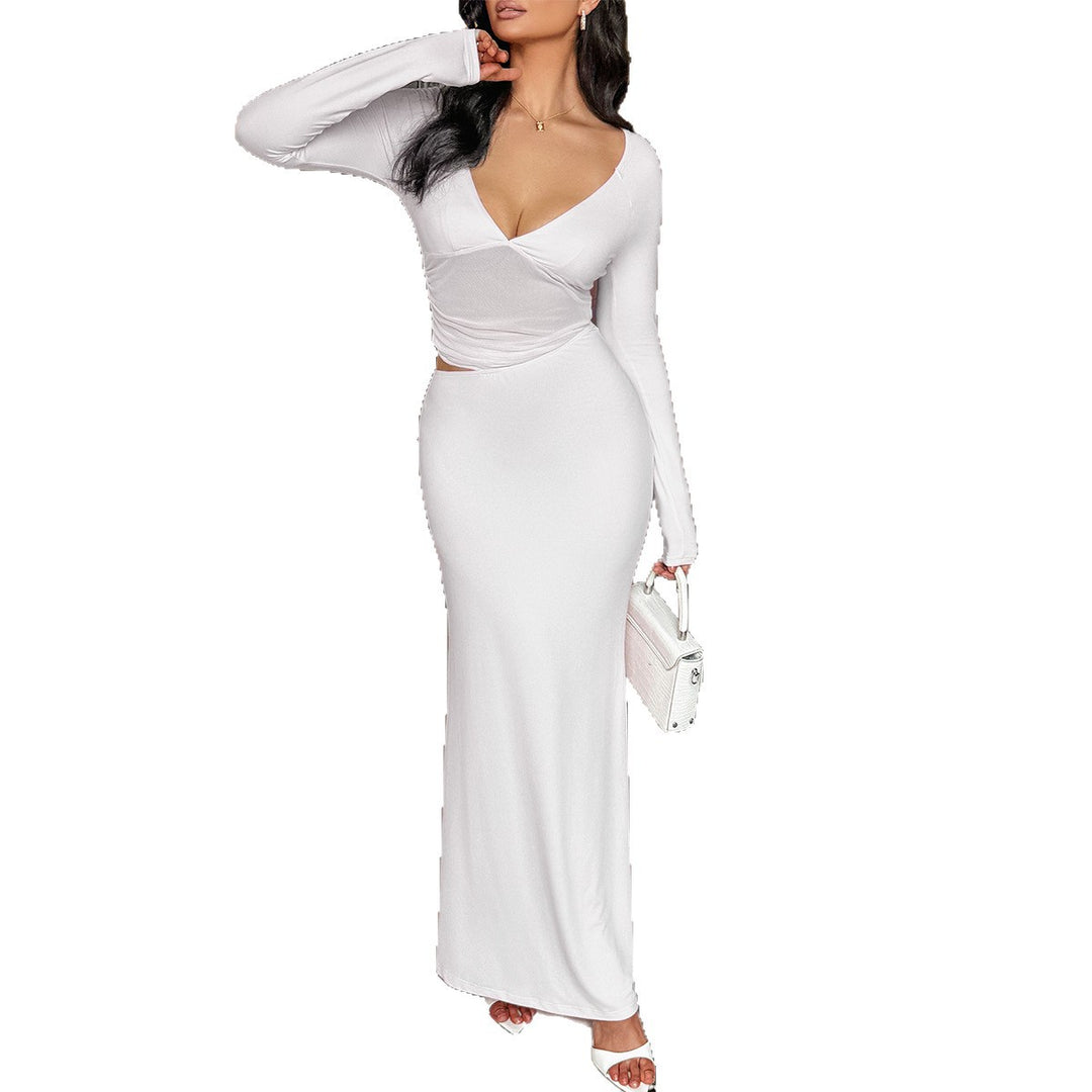 Damen tailliertes Maxikleid mit tiefem V‑Ausschnitt, seitlichem Cut‑Out und figurbetonter Stretch‑Silhouette – Valéora