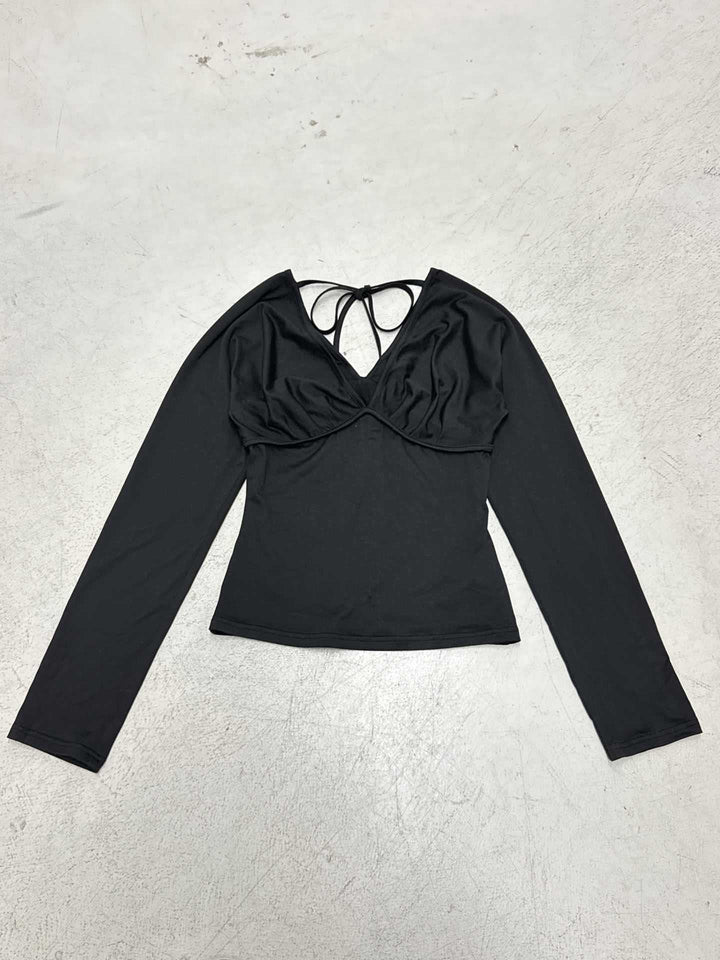 Damen nan figurbetontes Langarm-Top mit tiefem V-Ausschnitt, Nackenband zum Binden und taillierter Silhouette Echo Archiv