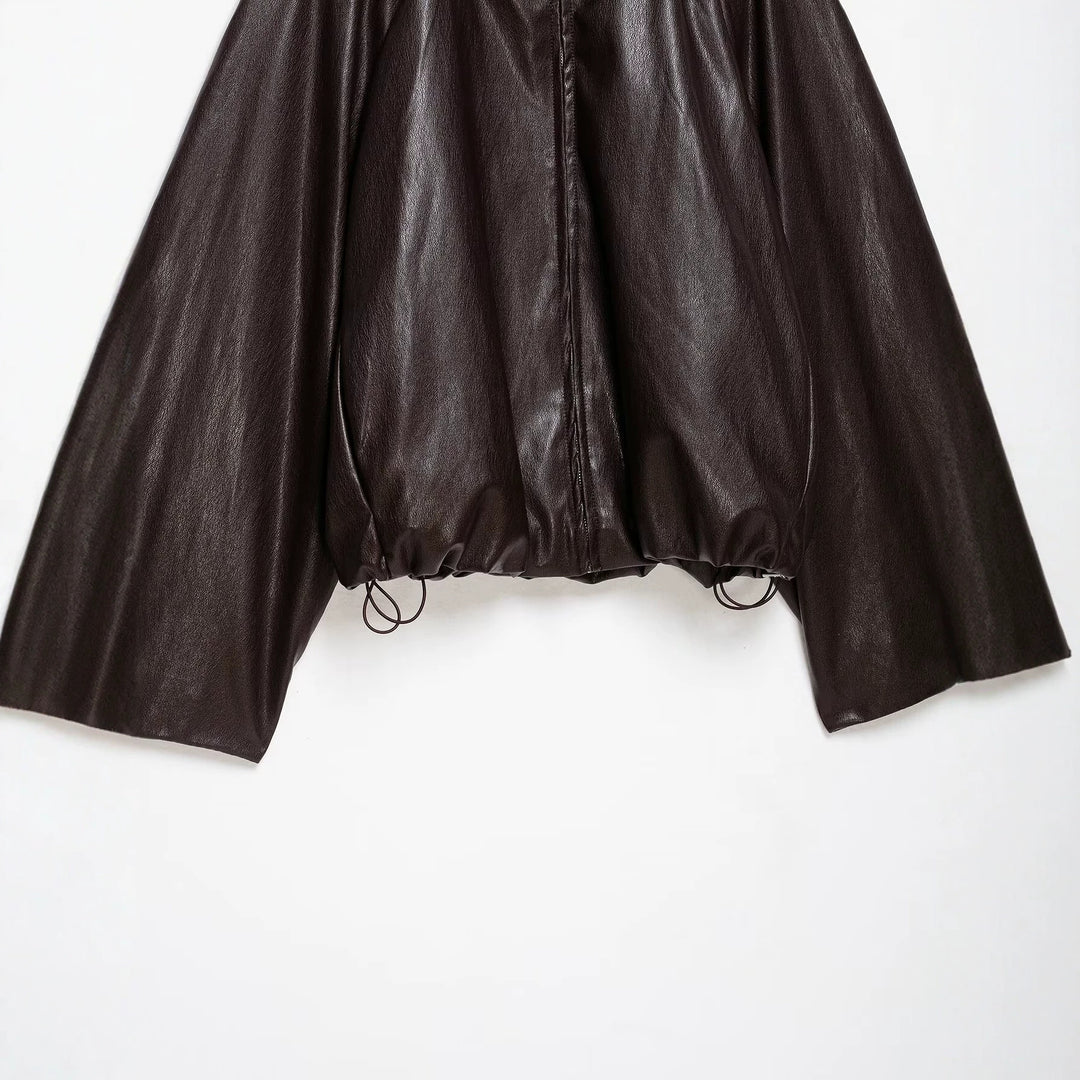Damen Oversize Jacke im Lederlook mit hohem Funnelkragen, Raglanärmeln und Tunnelzugsaum Echoarchiv