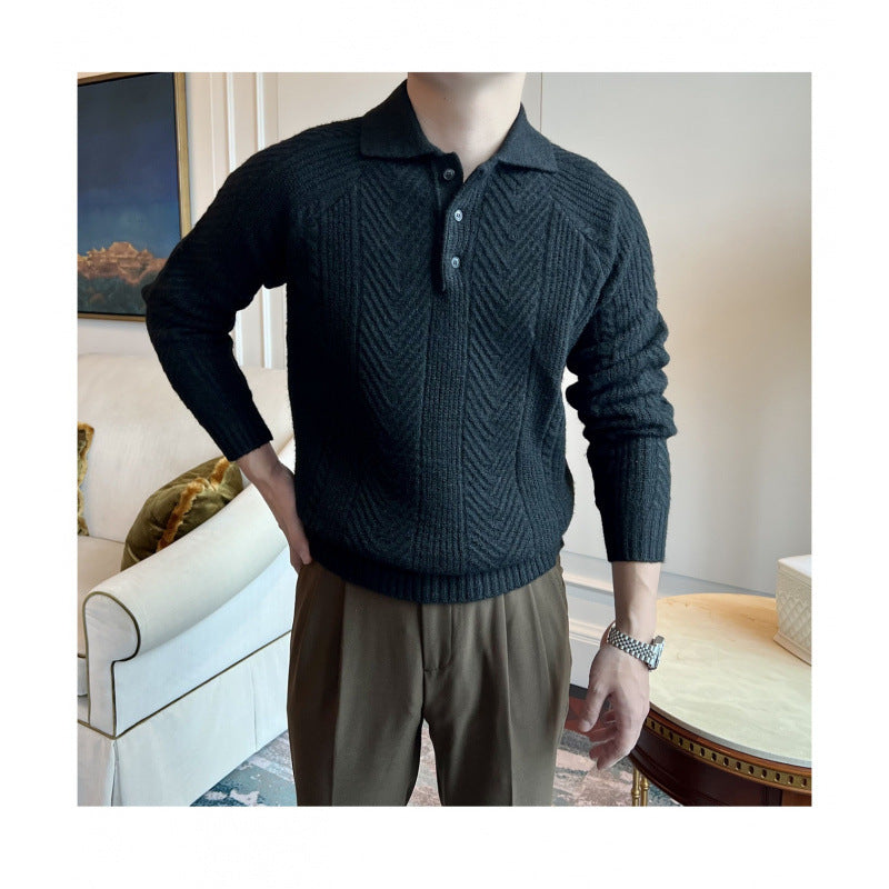 Herren Polokragen-Zopfstrick-Pullover mit halber Knopfleiste Echoarchiv