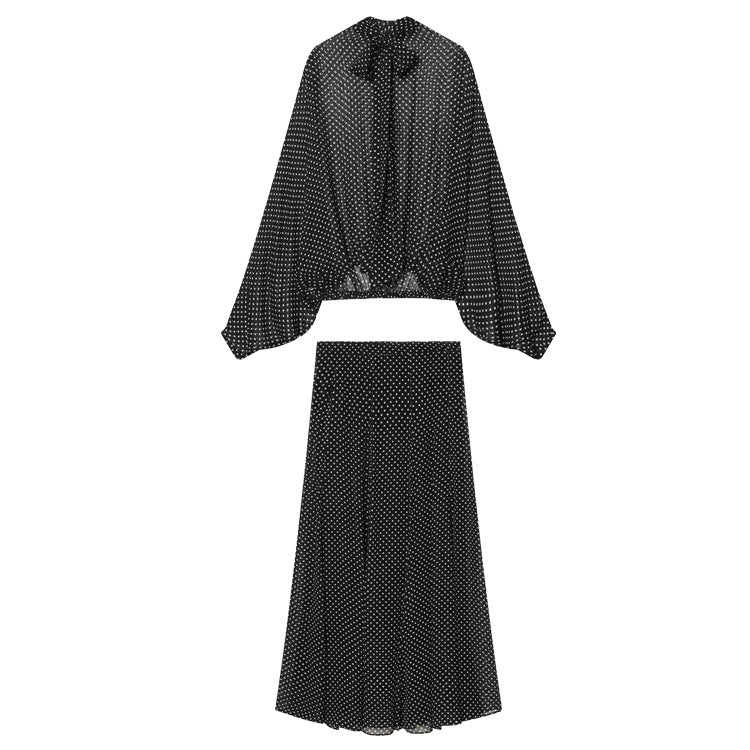 Damen Zweiteiliges Set aus leichtem Chiffon mit weitem Midirock und Ballonärmel-Bluse mit Schleifenkragen Echo Archiv