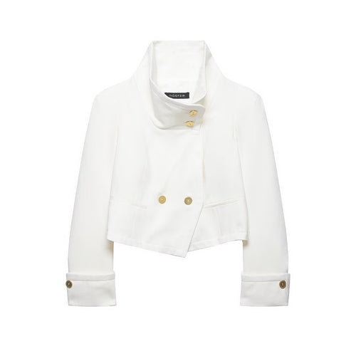 Damen Cropped Doppelreiher-Blazer mit hohem Stehkragen und Zierknöpfen Echoarchiv