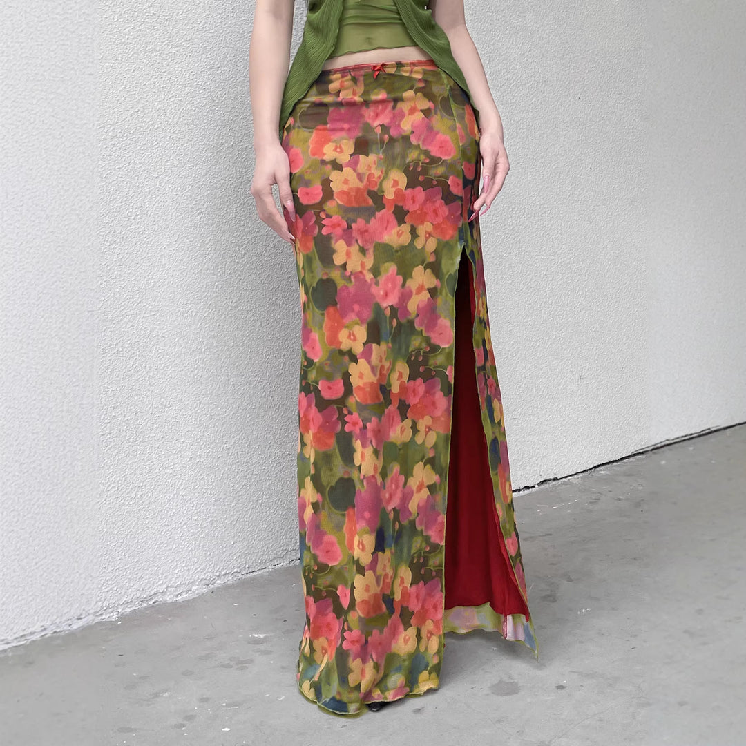 Damen Maxirock mit Chiffon-Overlay, floraler Allover-Print und hohem Seitenschlitz Echo Archiv