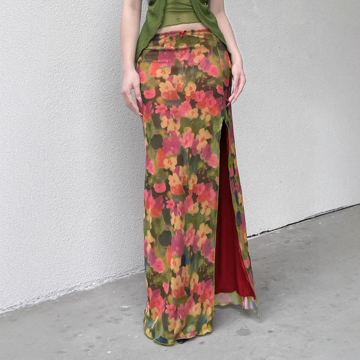 Damen Maxirock mit Chiffon-Overlay, floraler Allover-Print und hohem Seitenschlitz Echo Archiv