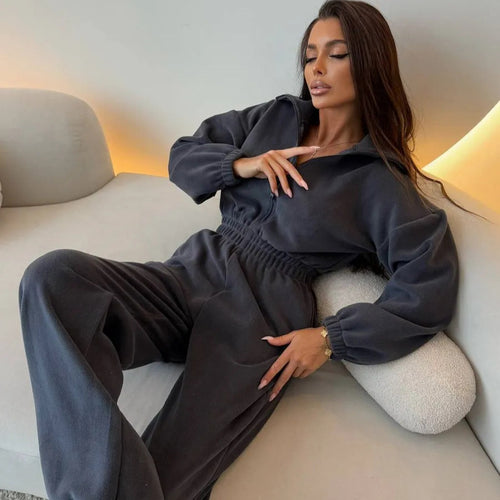 Damen eleganter Lounge-Overall mit elastischer Taillenpartie, Stehkragen, Reißverschluss und weitem Bein – Solévia