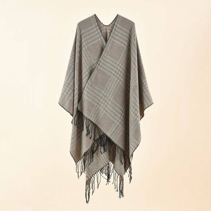 Damen Ruana-Poncho mit V‑Ausschnitt, kastigem Kimono-Fall und Fransensaum Echo Archiv