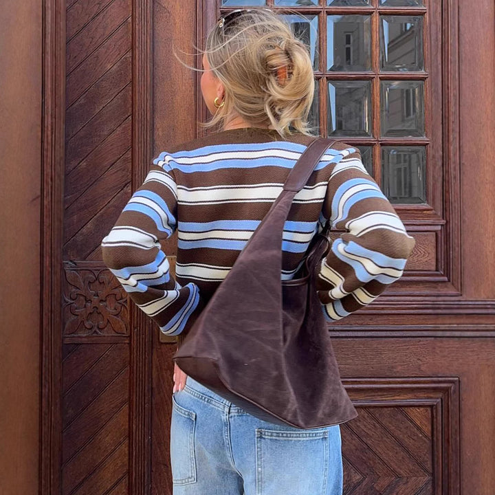 Damen Kurzgeschnittene gestreifte Strickjacke mit V-Ausschnitt und tailliertem Rippbund Echo Archiv