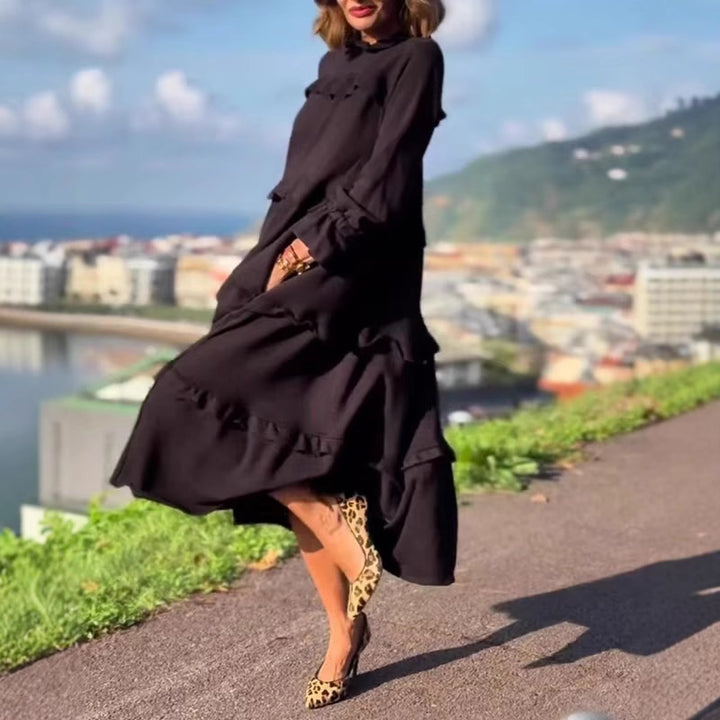 Damen nan kastiges Stufenmidikleid mit Rüschenkragen, gerafften Manschetten und verdeckten Seitentaschen Echo Archiv