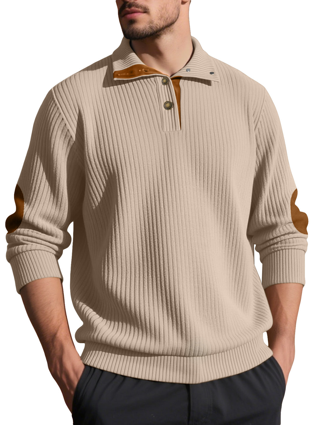 Herren nan Rippstrick-Halbknopf-Pullover mit Kentkragen und Lederbesatz Echo Archiv