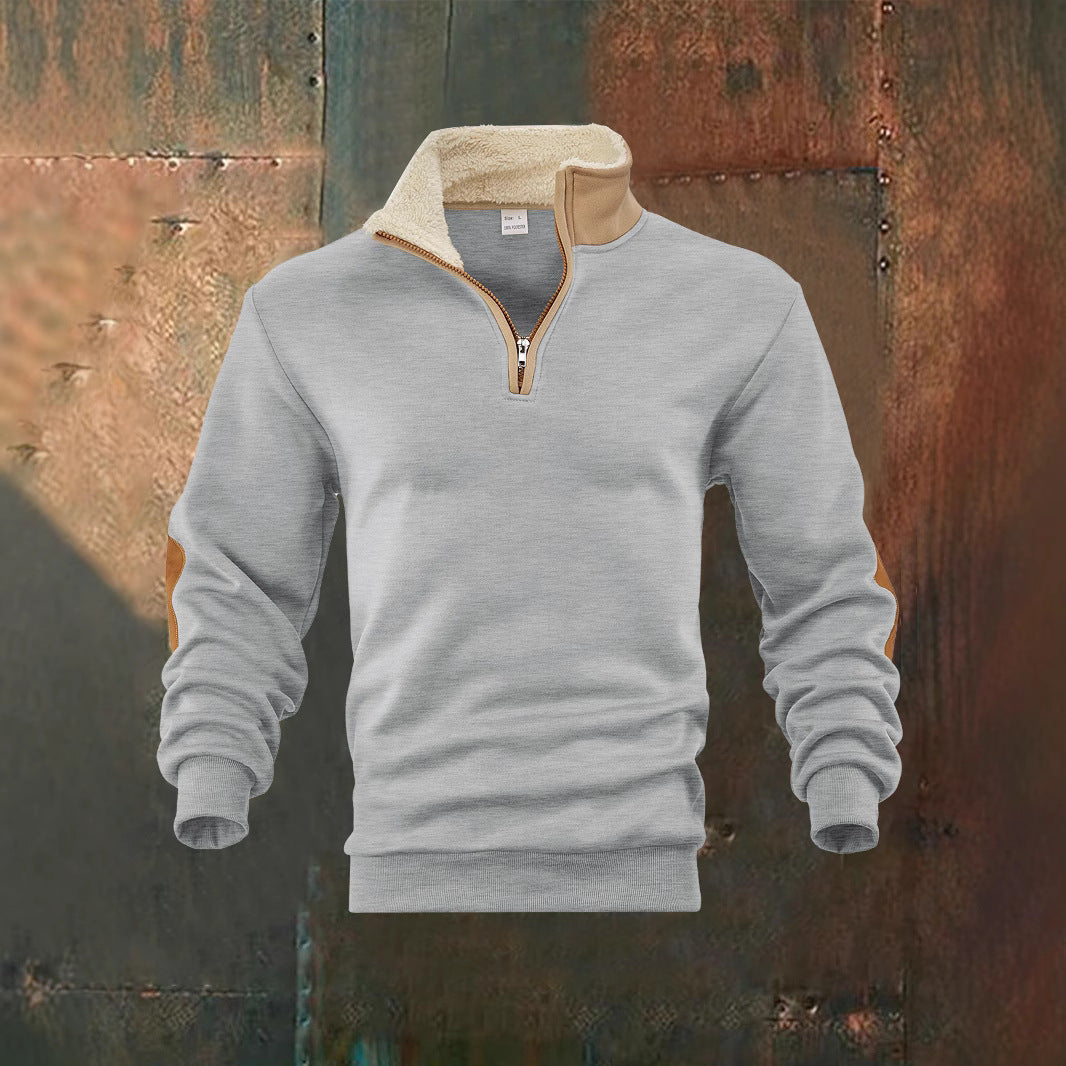 Herren Fleece-Pullover mit hochabschließendem Kragen und modischen Lederapplikationen Echoarchiv