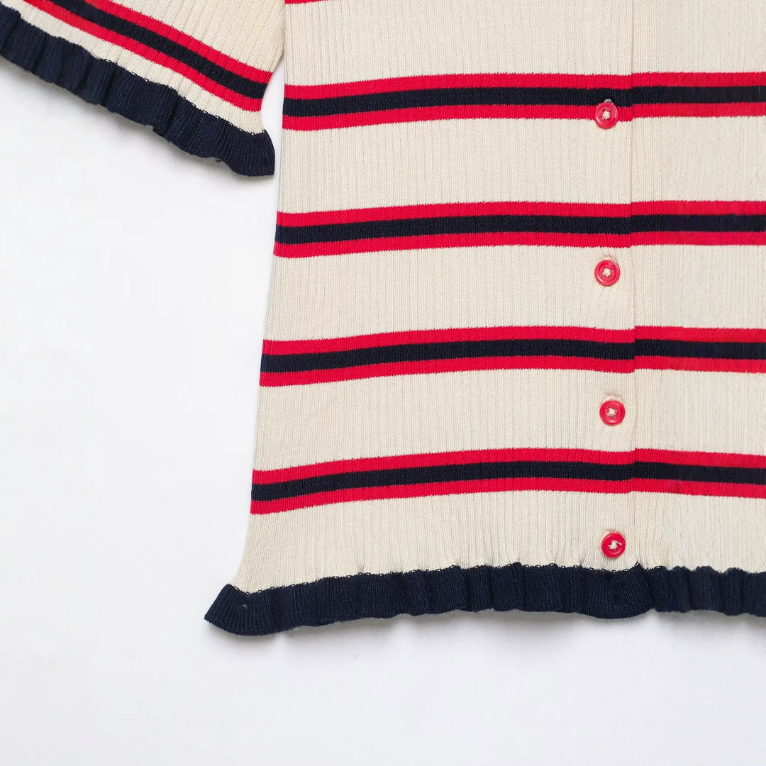 Damen Kurzärmelige Feinstrick-Cardigan mit Polokragen und Volantbündchen Echo Archiv