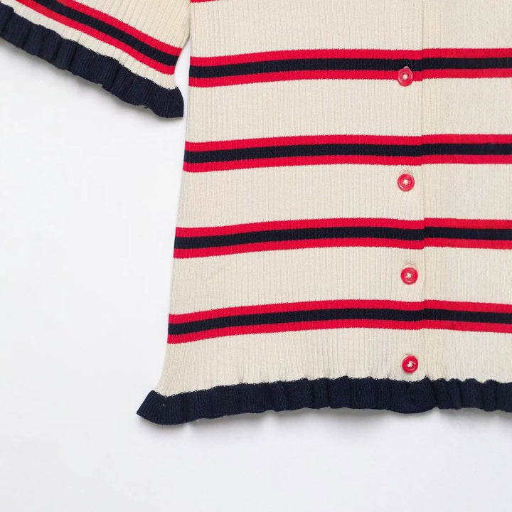 Damen Kurzärmelige Feinstrick-Cardigan mit Polokragen und Volantbündchen Echo Archiv