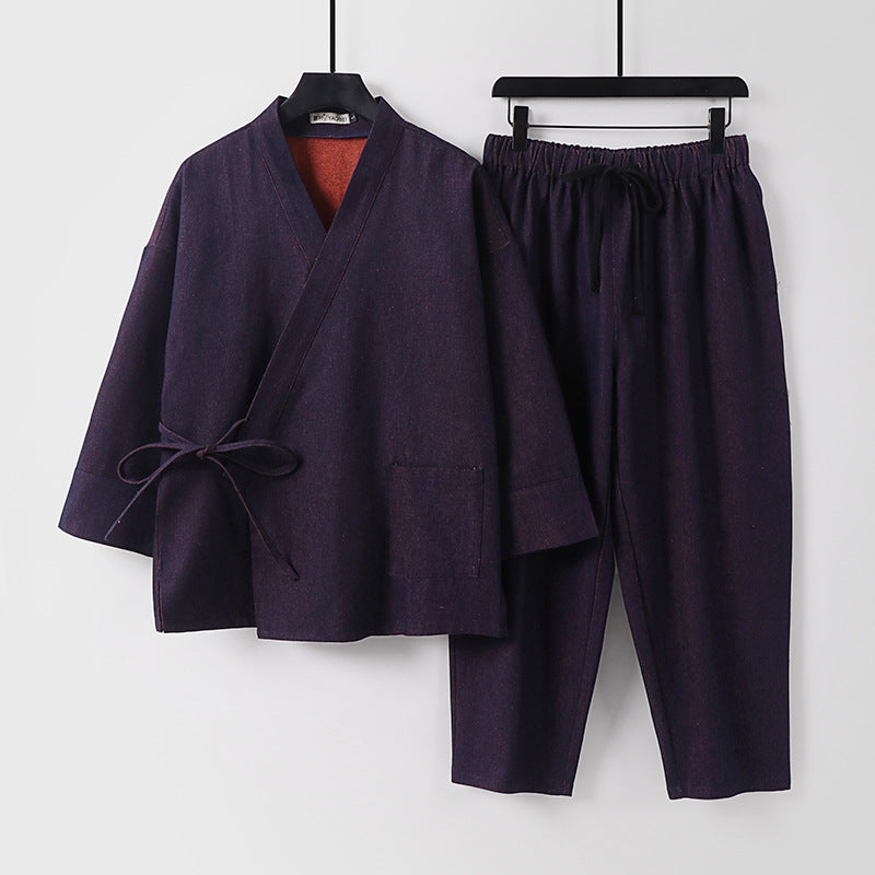 Unisex Lässiges Denim-Kimono-Set mit kurzarm Jacke, Bindeband und elastischer Bundhose Echoarchiv