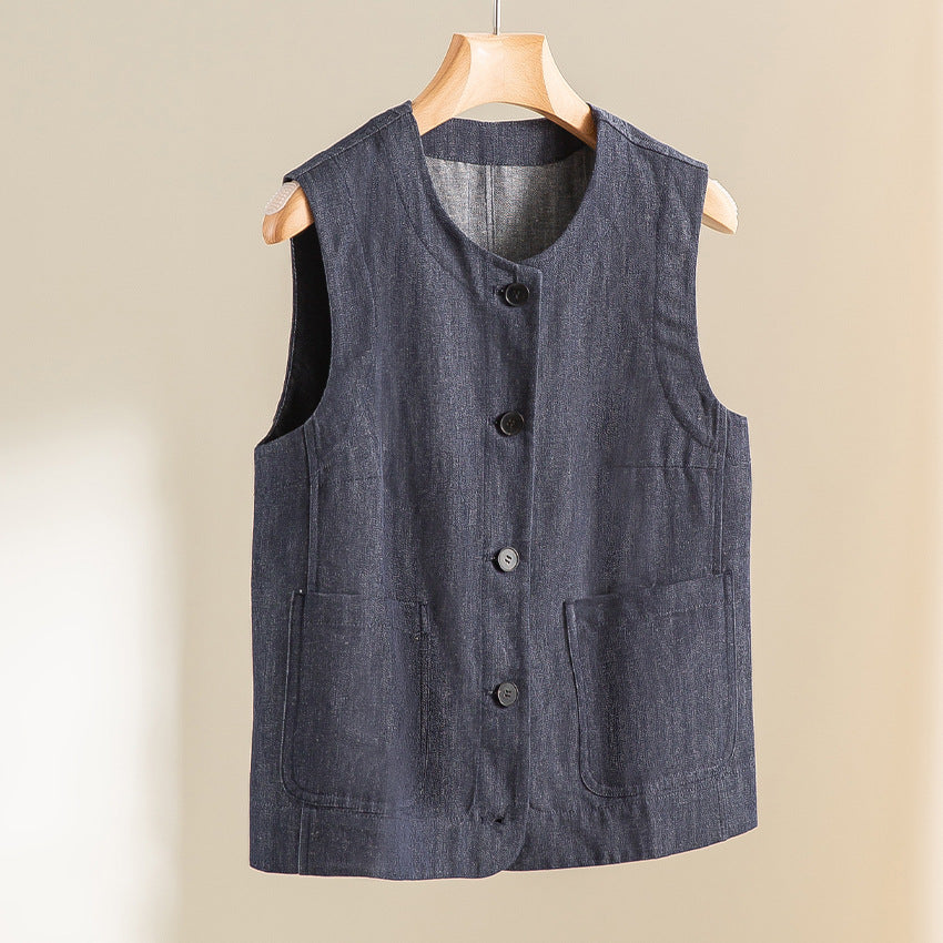 Damen Ärmellose leicht taillierte Weste aus Leinen-Denim mit Knopfleiste und aufgesetzten Taschen Echoarchiv