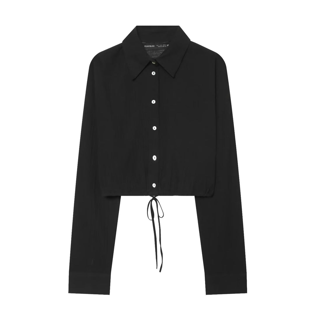Damen Gepunktete Cropped-Bluse mit Kordelzug und Hemdkragen Echo Archiv