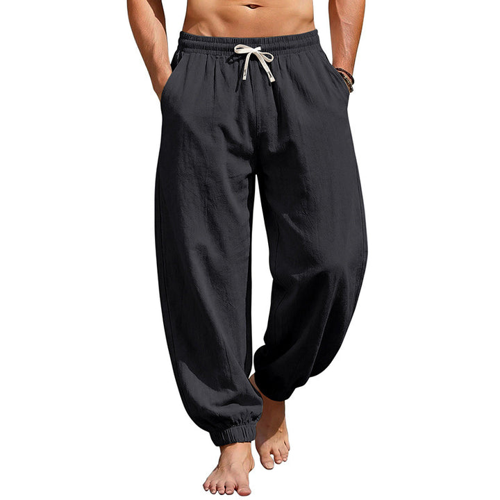 Herren Weite Leinenoptik-Strandhose mit Kordelzug, elastischem Bund und gerafften Beinabschlüssen – Sorevano