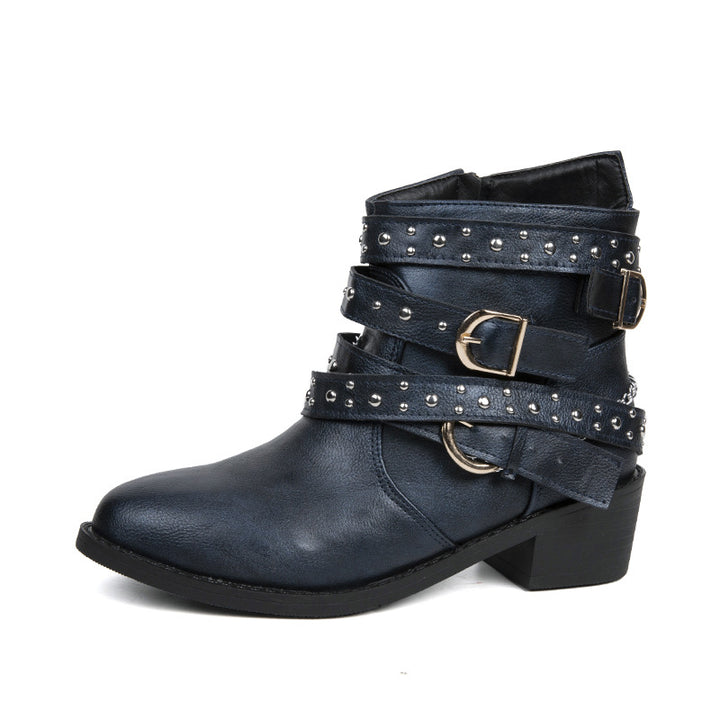 Damen nan knöchelhohe Biker-Stiefelette mit Nietenriemen, Ketten- und Dornschließen-Details Echo Archiv