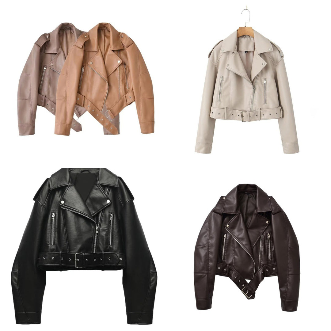 Damen taillierte Kunstleder-Bikerjacke mit Gürtel Echo Archiv